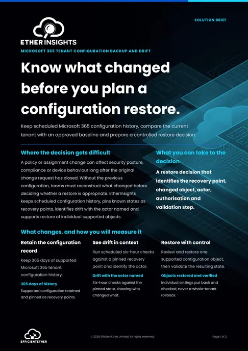 Cover of the Microsoft 365 Tenant Backup and Drift Solution Brief from EtherInsights