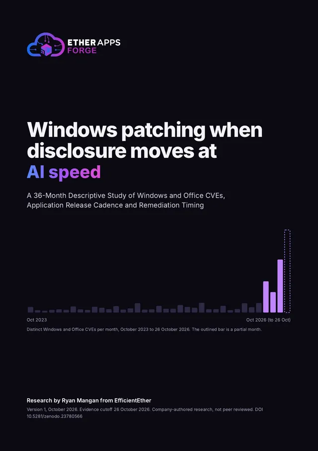 Cover of Windows patching when disclosure moves at AI speed, a research paper from EtherApps Forge