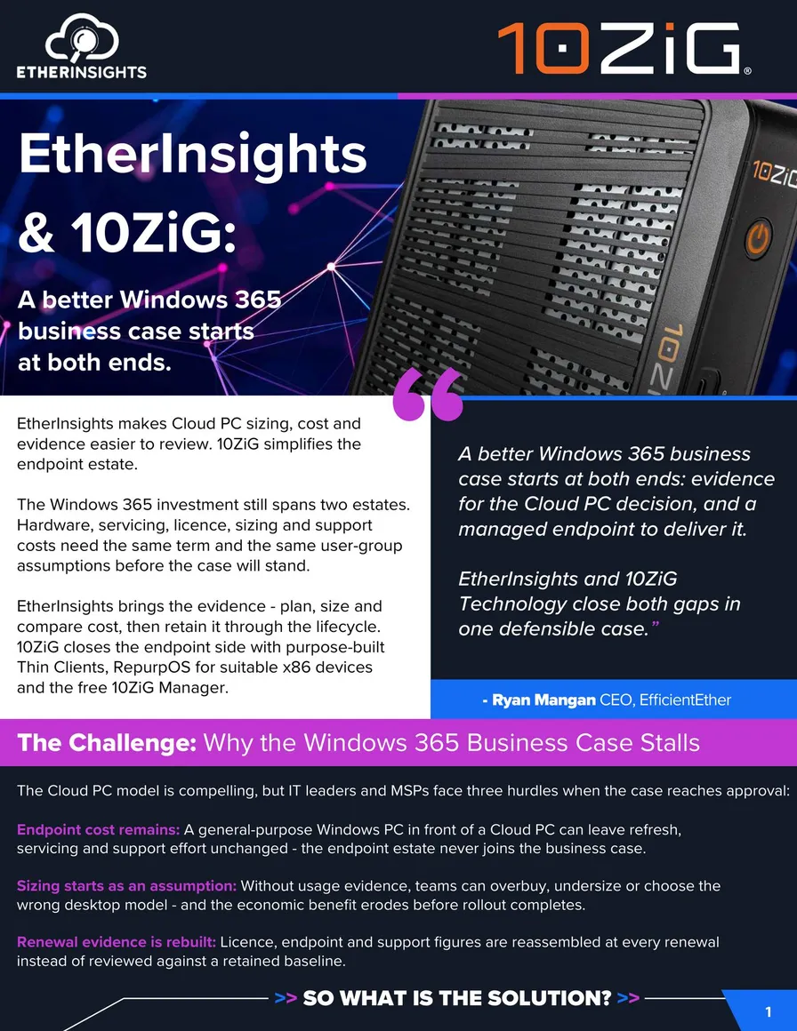 Cover of the 10ZiG and EtherInsights Solutions Brief, showing a 10ZiG thin client beside the headline "A better Windows 365 business case starts at both ends"