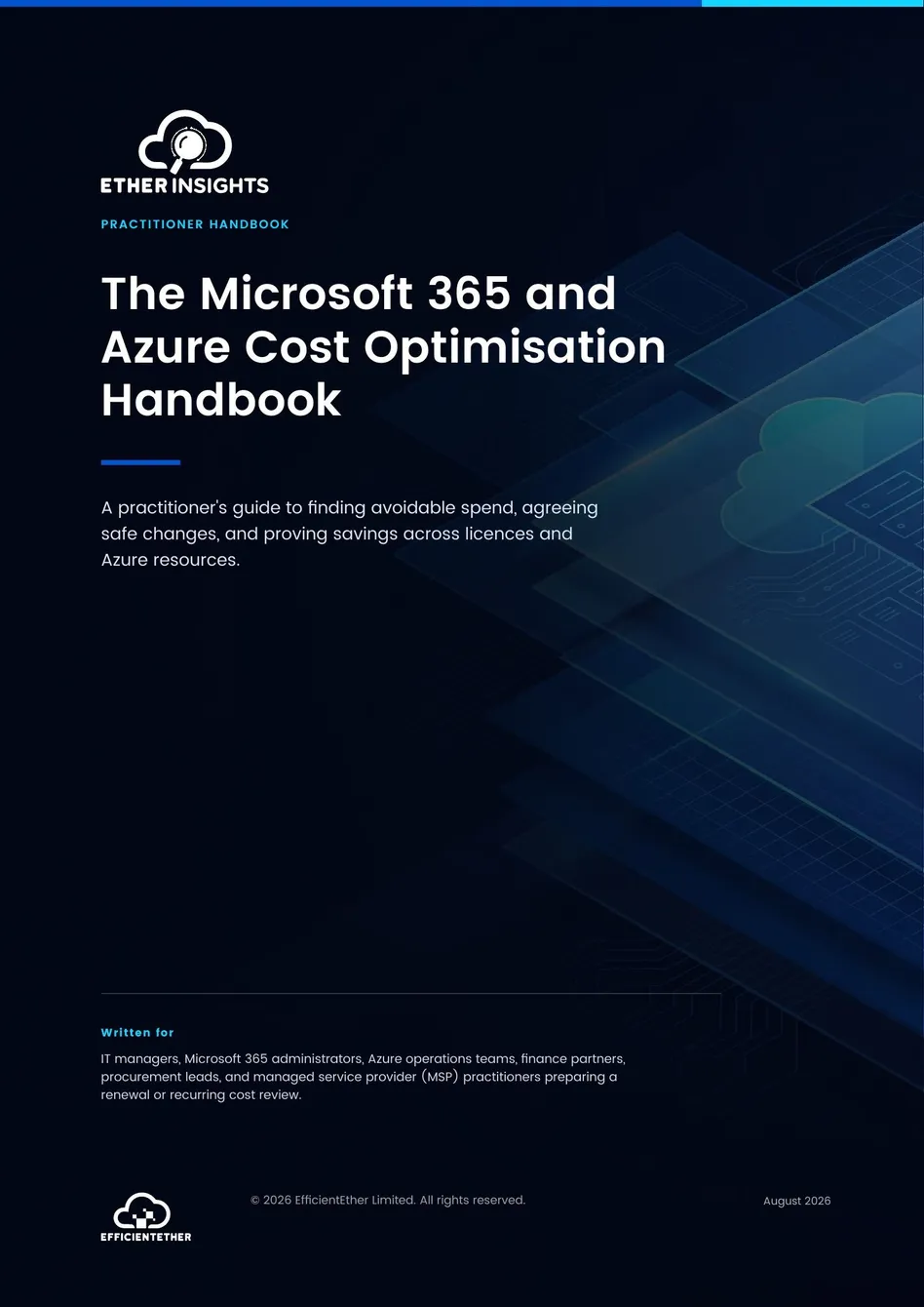 Cover of The Microsoft 365 and Azure Cost Optimisation Handbook from EtherInsights