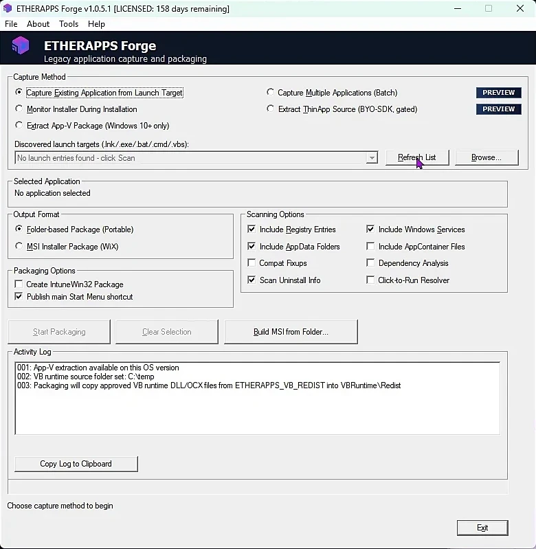 EtherApps Forge live capture: an application installer being recorded on a clean Windows machine