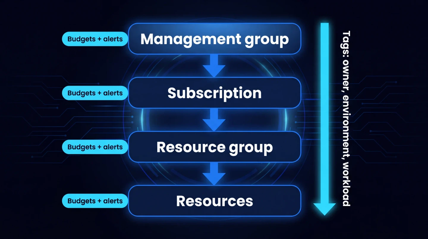 Diagrama de la jerarquía de gestión de costes de Azure: un grupo de administración en la cima contiene suscripciones, cada suscripción contiene grupos de recursos, y cada grupo de recursos contiene recursos. Las etiquetas de propietario, entorno y carga de trabajo fluyen hacia abajo desde los ámbitos superiores hasta los recursos de debajo, mientras que los presupuestos y las alertas de coste se adjuntan en los ámbitos de grupo de administración, suscripción y grupo de recursos.