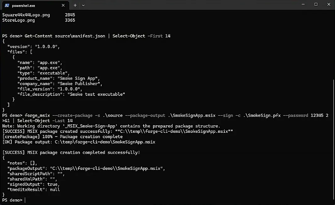 EtherApps Forge MSIX CLI single-command MSIX from a captured application source folder.
