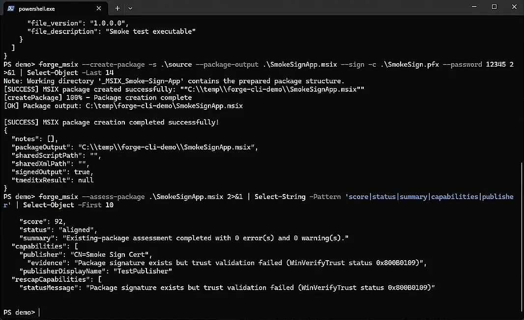 EtherApps Forge MSIX CLI assessment output with score, status, capabilities, and publisher alignment.