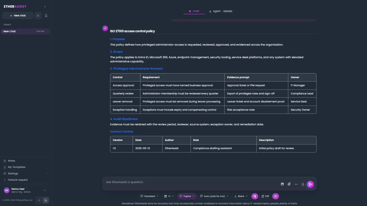 EtherAssist ISO policy assistant preparing reviewable policy and evidence output.