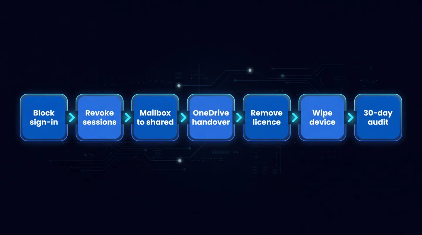Day zero to day thirty Microsoft 365 offboarding flow showing seven stages in sequence: block sign-in, then revoke sessions, then convert the mailbox to a shared mailbox, then hand over OneDrive, then remove the licence, then wipe the device, ending with a 30-day stale-account audit.
