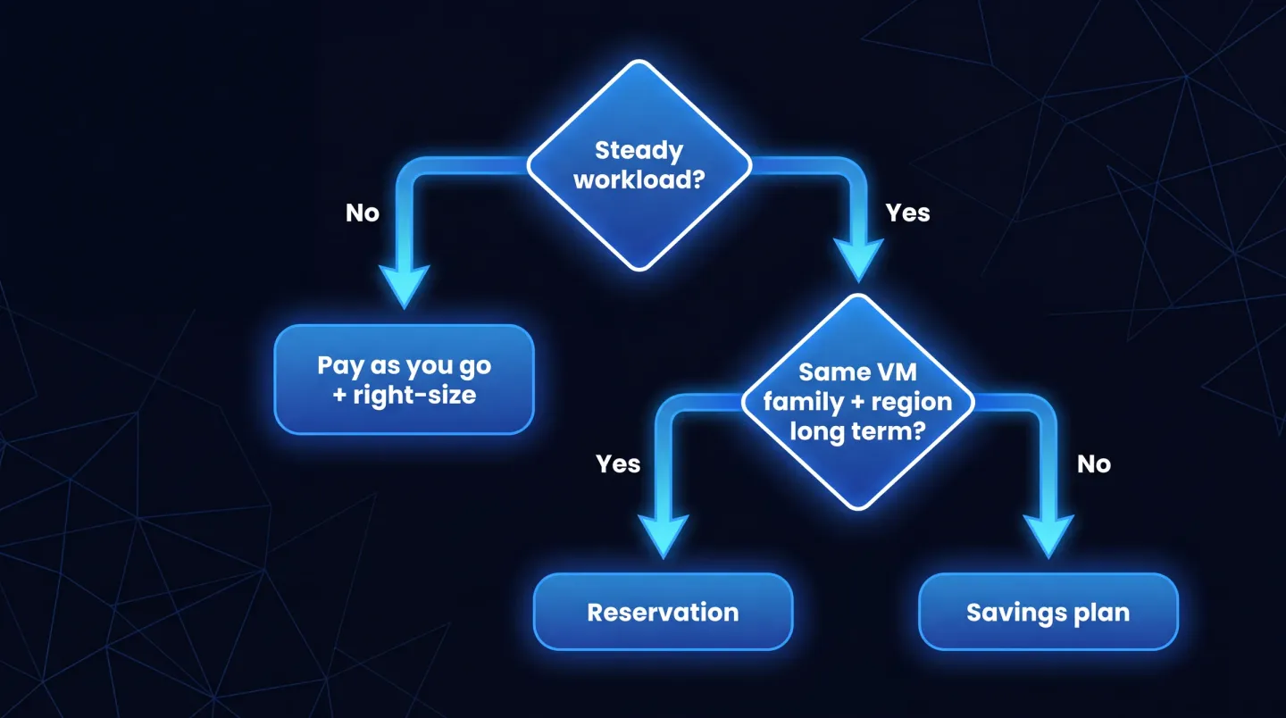 Decision tree for choosing between Azure commitment discounts. First question, is this a steady predictable workload. If no, stay on pay as you go and right-size the resources first before committing. If yes, second question, will it stay on the same virtual machine family and region for the long term. If yes, buy a reservation. If no, buy a savings plan.