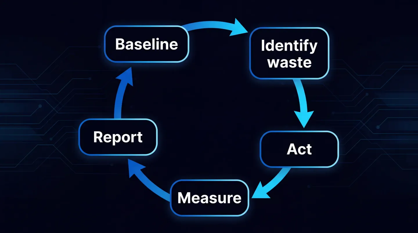 Un ciclo continuo di risparmio sui costi mostrato come cinque fasi in cerchio. Fase uno: fissare la linea di base della spesa attuale e della situazione delle licenze. Fase due: identificare lo spreco come risorse inattive e sovradimensionate e licenze inutilizzate. Fase tre: agire ridimensionando, recuperando e spegnendo le cose. Fase quattro: misurare gli stessi valori a parità di condizioni. Fase cinque: riportare il risparmio alla finanza e alla dirigenza. Una freccia riporta dal report alla linea di base, così che il ciclo si ripeta ogni mese.