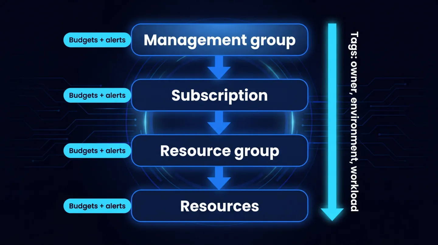 Diagram över Azures kostnadshanteringshierarki: en hanteringsgrupp överst innehåller prenumerationer, varje prenumeration innehåller resursgrupper, och varje resursgrupp innehåller resurser. Taggar för ägare, miljö och arbetsbelastning flödar ner från de högre omfattningarna till resurserna nedanför, medan budgetar och kostnadsaviseringar fästs på omfattningarna hanteringsgrupp, prenumeration och resursgrupp.