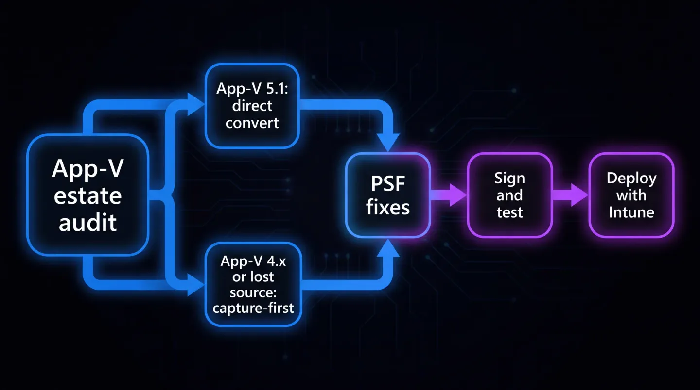 Diagrama de flujo de una migración de App-V a MSIX: la auditoría del estate de App-V divide los paquetes en conversión directa App-V 5.1 con el MSIX Packaging Tool, paquetes App-V 4.x o de origen perdido enrutados a repackaging capture-first, luego arreglos de PSF, firma, pruebas y despliegue en Intune.