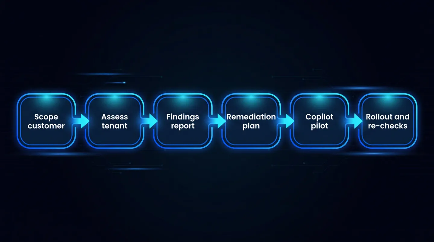 Diagramma di flusso di un ingaggio di prontezza a Copilot per un MSP: definisci l'ambito del cliente, valuta la postura di licenze e accesso ai dati sul tenant, consegna un report dei risultati a marchio MSP, esegui la correzione prioritizzata, pilota Copilot con una coorte controllata, poi passa al rollout e ai ricontrolli trimestrali.