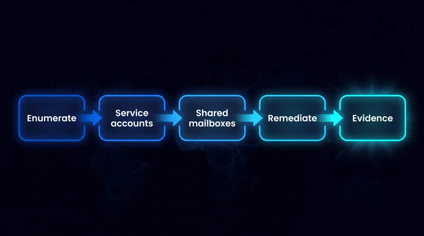 Stroomdiagram van de gereedheidslus voor Cyber Essentials in een Microsoft 365-tenant. Fase een, som elke identiteit op die kan inloggen: gelicentieerde gebruikers, serviceaccounts, accounts van gedeelde postvakken, gasten en noodtoegangsaccounts. Fase twee, classificeer elke identiteit en leg vast wat ervan afhangt. Fase drie, bepaal een doeltoestand per identiteit: multifactorauthenticatie afgedwongen, inloggen geblokkeerd met gedelegeerde toegang, vervangen door een workload-identiteit, of behouden als gedocumenteerde uitzondering. Fase vier, wijzig op een gecontroleerde manier en let op wat breekt. Fase vijf, leg het bewijs onderweg vast. Een pijl keert terug van fase vijf naar fase een, gemarkeerd als jaarlijkse verlenging, omdat de beoordeling zich elke twaalf maanden herhaalt.