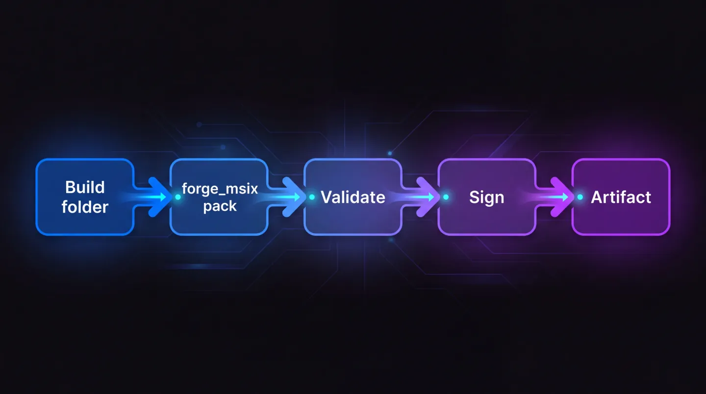 Flussdiagramm eines MSIX-Builds auf einem GitHub Actions Windows-Runner ohne installiertes Windows SDK: Checkout und dotnet publish erzeugen einen Build-Ordner mit einem App-Manifest, forge_msix pack ruft die bereits auf dem Runner vorhandene Windows AppxPackaging-Engine auf, um diesen Ordner in ein MSIX-Paket zu verwandeln, forge_msix validate hält den Job an, indem es den Exit-Code 2 zurückgibt, wenn das Paket analysiert und als ungültig befunden wird, forge_msix sign bringt eine zeitgestempelte Signatur von einem Zertifikat auf, das der Runner erreichen kann, und das signierte Paket wird als Workflow-Artefakt hochgeladen und über einen App Installer Update-Feed veröffentlicht, den installierte Clients auf neue Versionen prüfen.