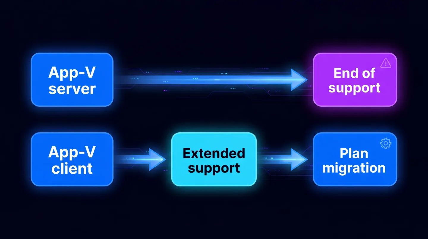 Decision flow for an App-V estate after April 2026. Start by checking whether packages are published by an App-V publishing server. If yes, the management, publishing and reporting servers are out of support, migration is scheduled work, and the destinations are App-V app attach or MSIX. If no, packages are delivered through Intune, Configuration Manager or scripts against the supported App-V client, so the estate has time to inventory usage, sort each package to MSIX, MSI, PSADT, App Attach or retirement, and convert deliberately.