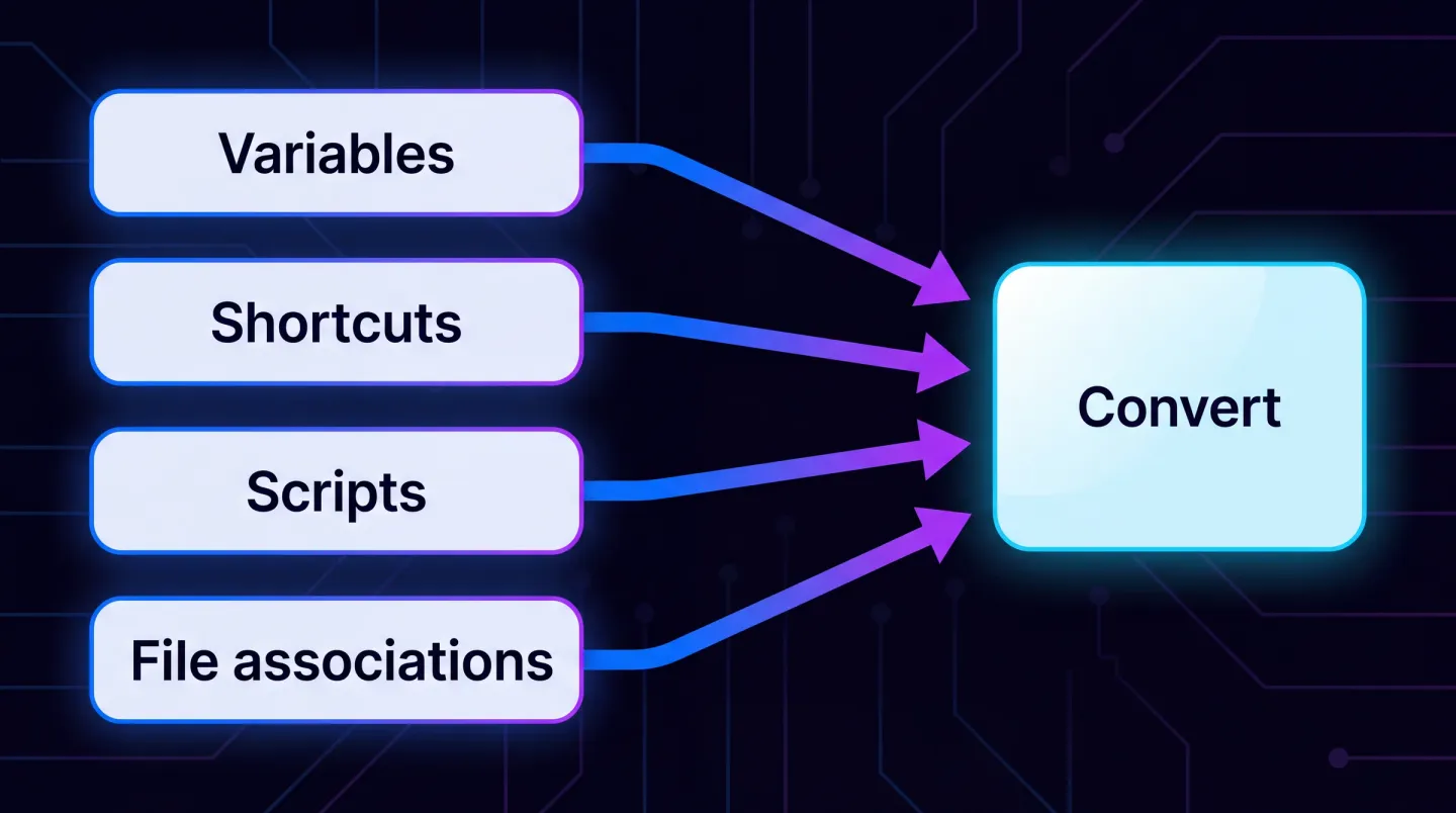 Flussdiagramm der Erkundung vor einer App-V-zu-MSIX-Konvertierung. Ein App-V Paket teilt sich in drei Quellen auf: AppxManifest.xml innerhalb der .appv-Datei, die DeploymentConfig XML und die UserConfig XML, wobei UserConfig Vorrang vor DeploymentConfig und dieses Vorrang vor dem Manifest hat. Aus diesen Quellen werden vier Befunde extrahiert: Umgebungsvariablen, Verknüpfungsdefinitionen einschließlich Argumenten und Arbeitsverzeichnis, Lifecycle-Skripte und ihre Trigger sowie Dateitypzuordnungen. Jeder Befund wird vor Beginn der Konvertierung an sein MSIX-Ziel geleitet: Deployment-Werkzeuge, das MSIX-Manifest, ein Package Support Framework Startskript oder eine Arbeitsverzeichnis-Einstellung in config.json.