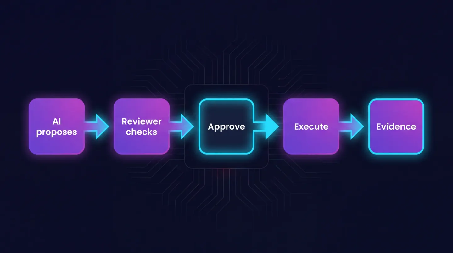 Flow diagram of a sign-off gate for AI-generated operational change. A request arrives from an engineer or a service desk ticket. The AI assistant drafts a plan and a script, recording the request and the tool version. The draft passes into a review gate where a named reviewer checks seven things: scope and filters, destructive operations, dry-run support, idempotency, blast radius, the identity the work will run under, and the rollback path. Three outcomes leave the gate: approved and executed, returned for amendment, or rejected. Approved work runs under a named service identity and writes an execution record holding who approved it, what ran, what changed and the result. An arrow returns from that record to the gate, labelled promotion review, because a workflow that passes repeatedly is what earns a wider autonomy lane.