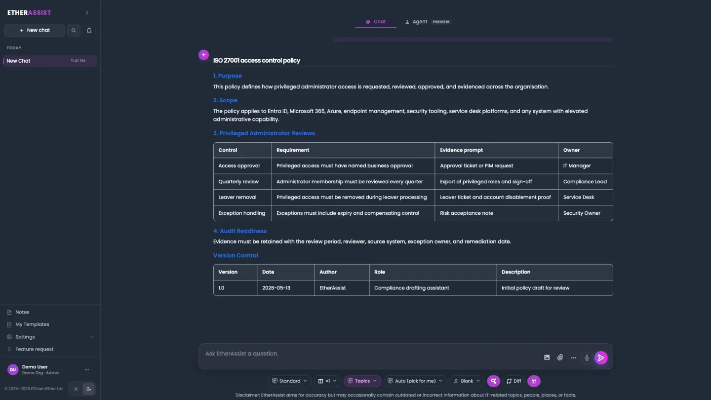 EtherAssist ISO 27001 anteprima di policy e prove.