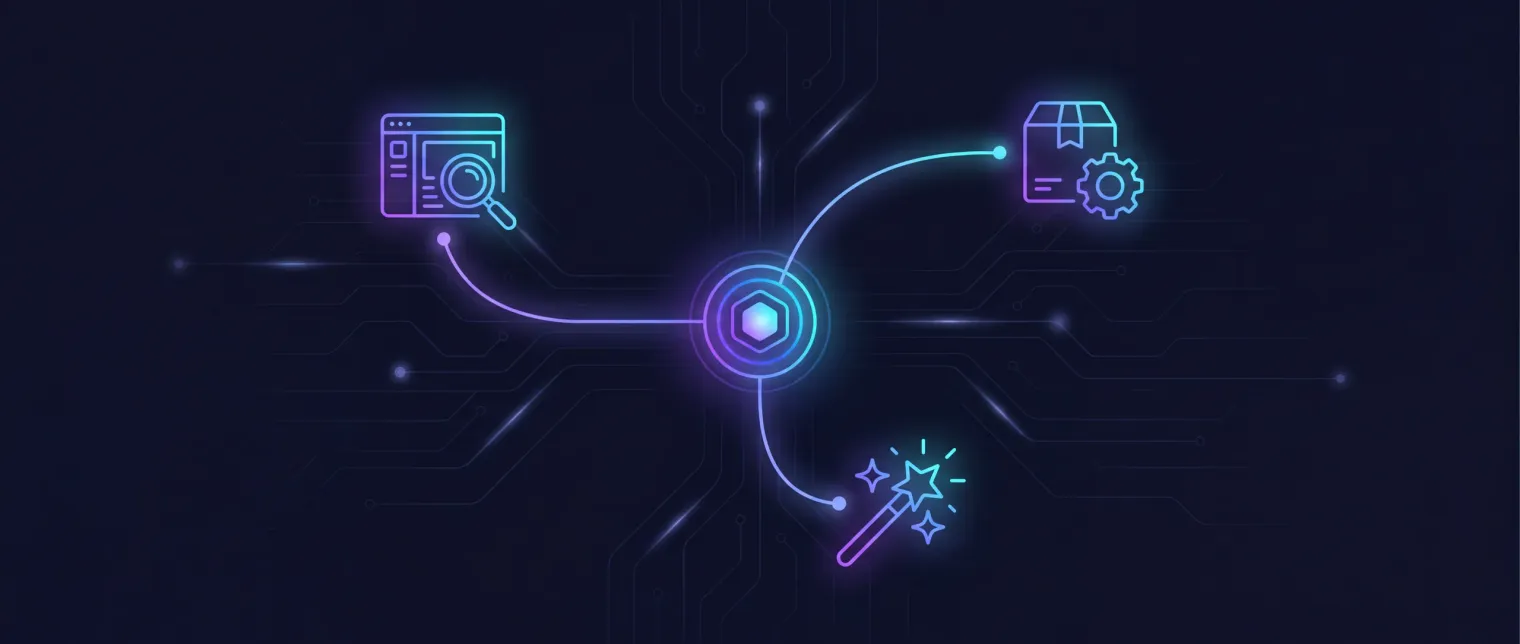 EfficientEther Drei-Produkt-Portfolio dargestellt als zentrale Hub verbunden mit piktografischen Symbolen für Sichtbarkeit, sichere KI und Anwendungs-Packaging.