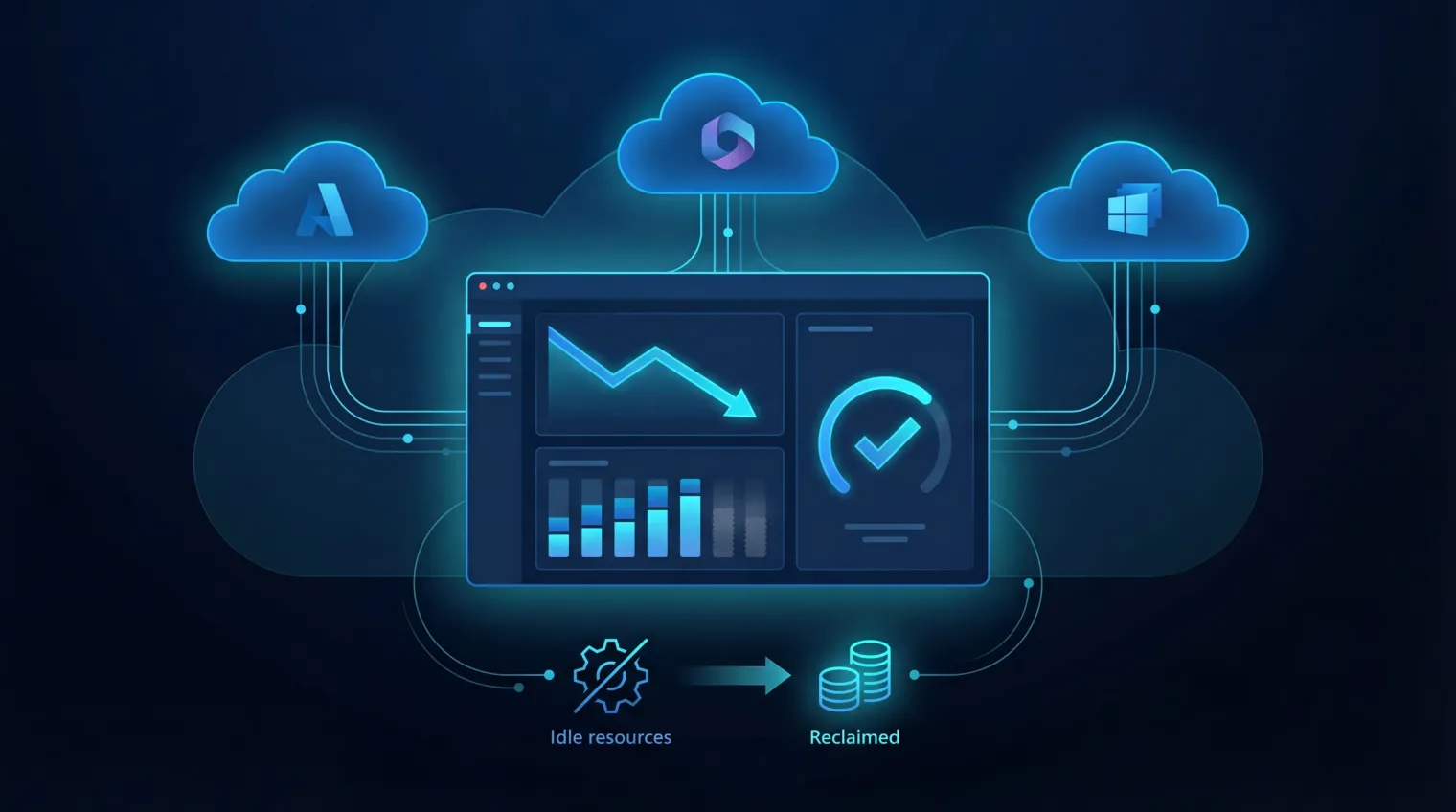 Diagramme d'optimisation des coûts cloud : licences M365, dépenses Azure et flotte Cloud PC entrent par licences inactives, opportunités de right-size et étapes de revue de dérive de cohorte vers un pack de preuves d'économies avec propriétaires et prochaines actions.
