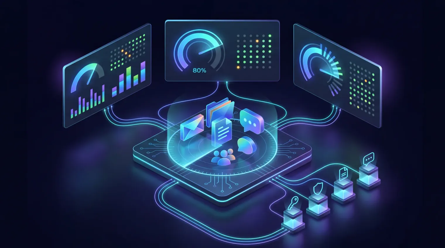 Copilot readiness diagram: tenant assessed across five readiness vectors (licensing, data governance, sensitivity labels, sharing posture, Purview coverage) producing a readiness score with owner-backed remediation and pre-rollout evidence.