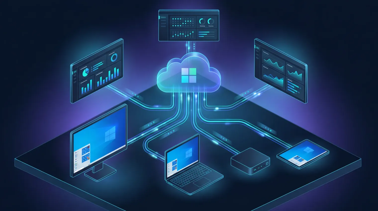 Windows 365 lifecycle diagram: a Cloud PC fleet (with AVD baseline, legacy VDI baseline, or existing endpoints) flows through cohort design, deployment waves, configuration management, and day-two support, tracked against a pinned Cloud PC baseline with drift detection, producing an operating record with owners and next actions.