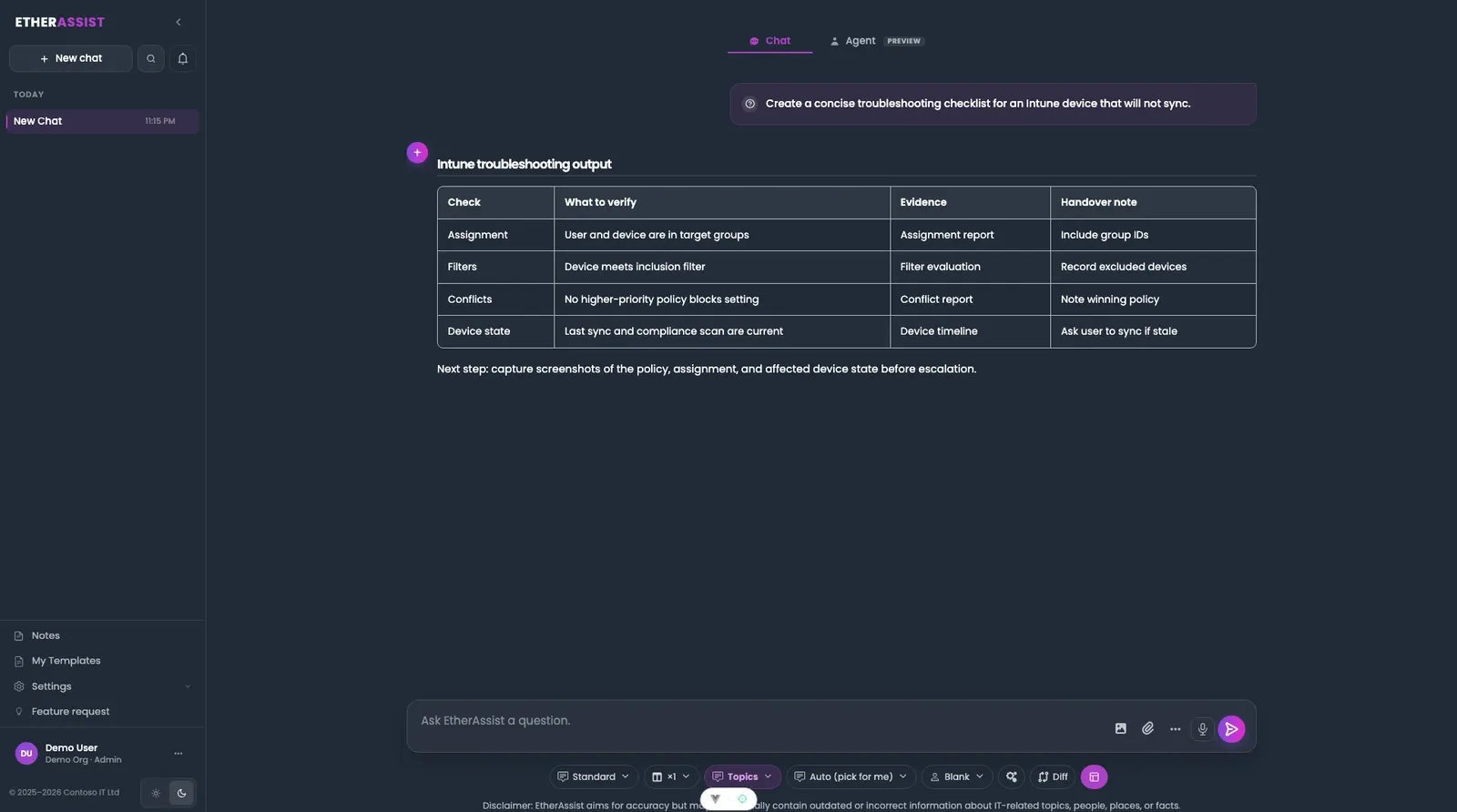 EtherAssist Chat-Schnittstelle zeigt einen praktischen KI-Assistenten für die Arbeit im kleinen Unternehmen.