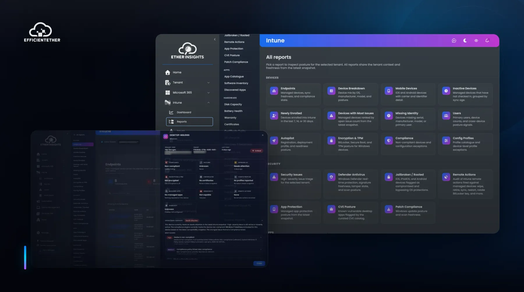 EtherInsights Intune-rapportage productweergave met de geconsolideerde rapportcatalogus en het apparaatbewijsoppervlak.