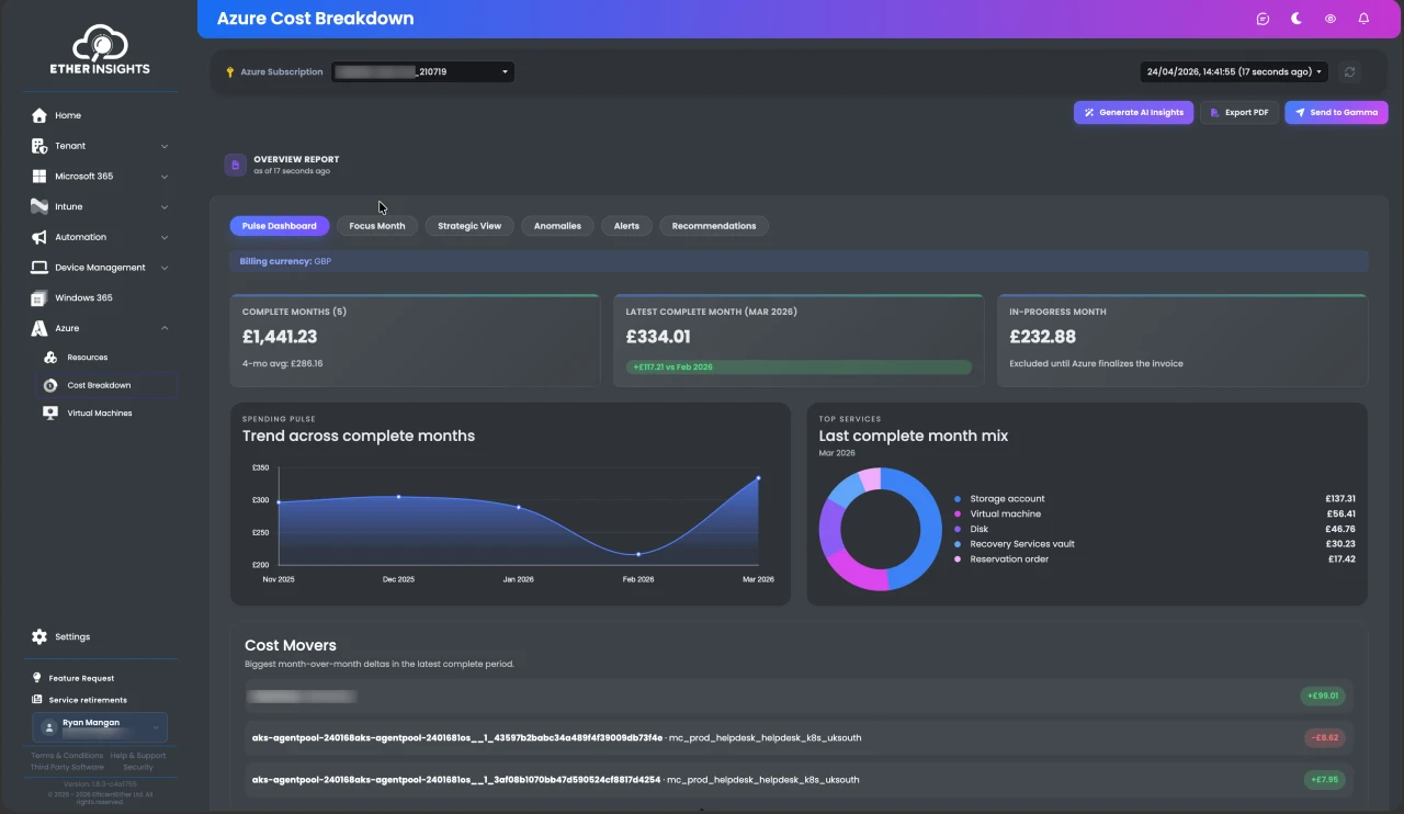 EtherInsights Azure Cost Breakdown: monthly cost totals, trend chart, top services mix, and cost-mover feed for a tenant Azure subscription.