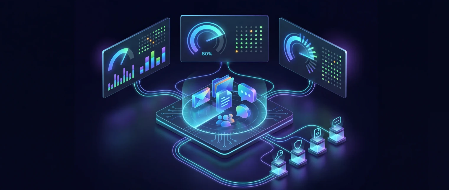 Copilot readiness diagram: tenant assessed across five readiness vectors (licensing, data governance, sensitivity labels, sharing posture, Purview coverage) producing a readiness score with owner-backed remediation and pre-rollout evidence.