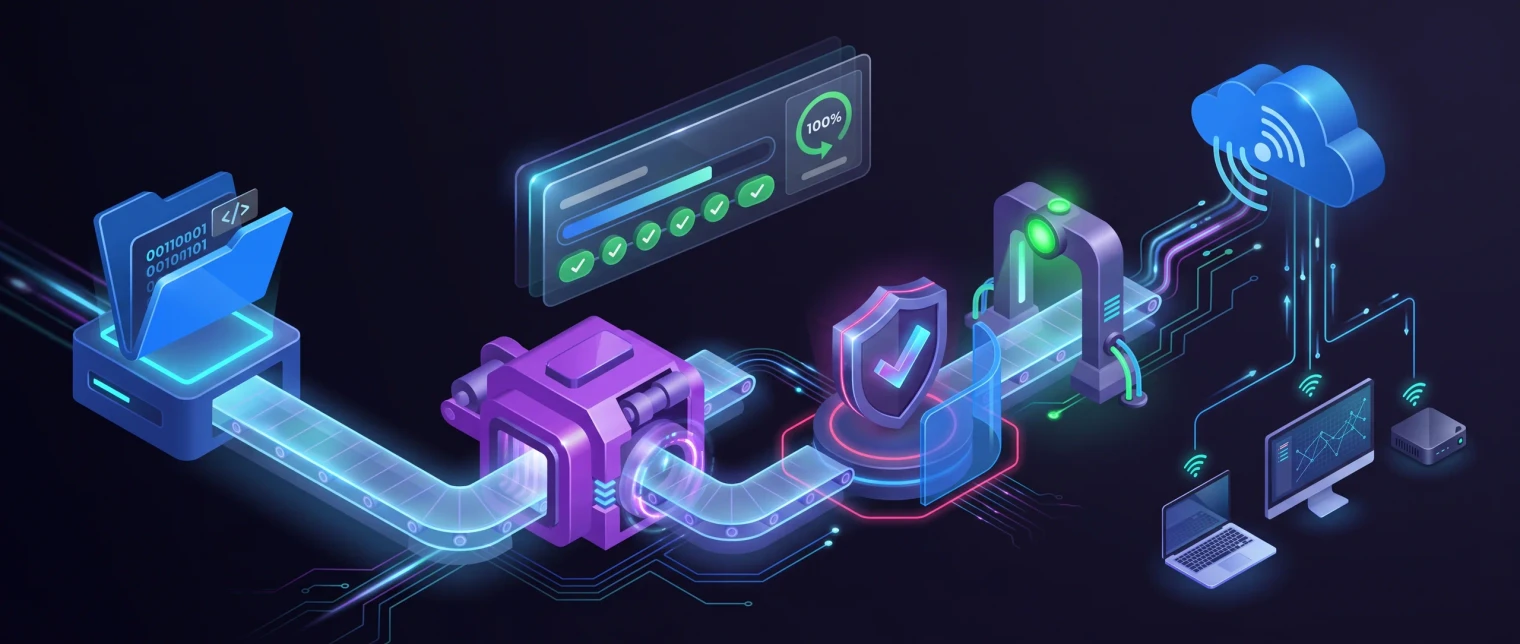 Diagrama de pipeline de CI para desarrolladores: una carpeta de compilación fluye por las etapas de manifiesto, empaquetado y firma, y validación hasta un MSIX firmado, con una bifurcación a un feed de actualización de app installer.
