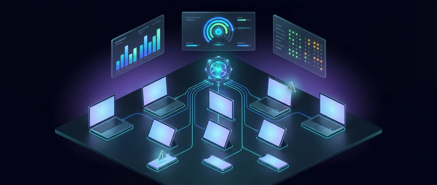 Diagramme de reporting Intune montrant données appareils, politiques, conformité, apps et mises à jour Intune alimentant catalogue de rapports EtherInsights, sauvegarde de configuration, analyse de dérive et dépannage par appareil.
