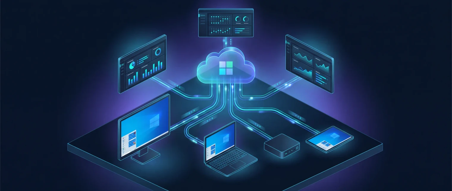 Windows 365 diagrama del ciclo de vida: una flota de Cloud PC con Azure Virtual Desktop línea base, VDI base antigua o endpoints existentes fluye a través del diseño de cohortes, oleadas de despliegue, gestión de configuración y soporte para el segundo día, seguida contra una línea base Cloud PC fijada con detección de deriva, produciendo un registro operativo con propietarios y acciones siguientes.