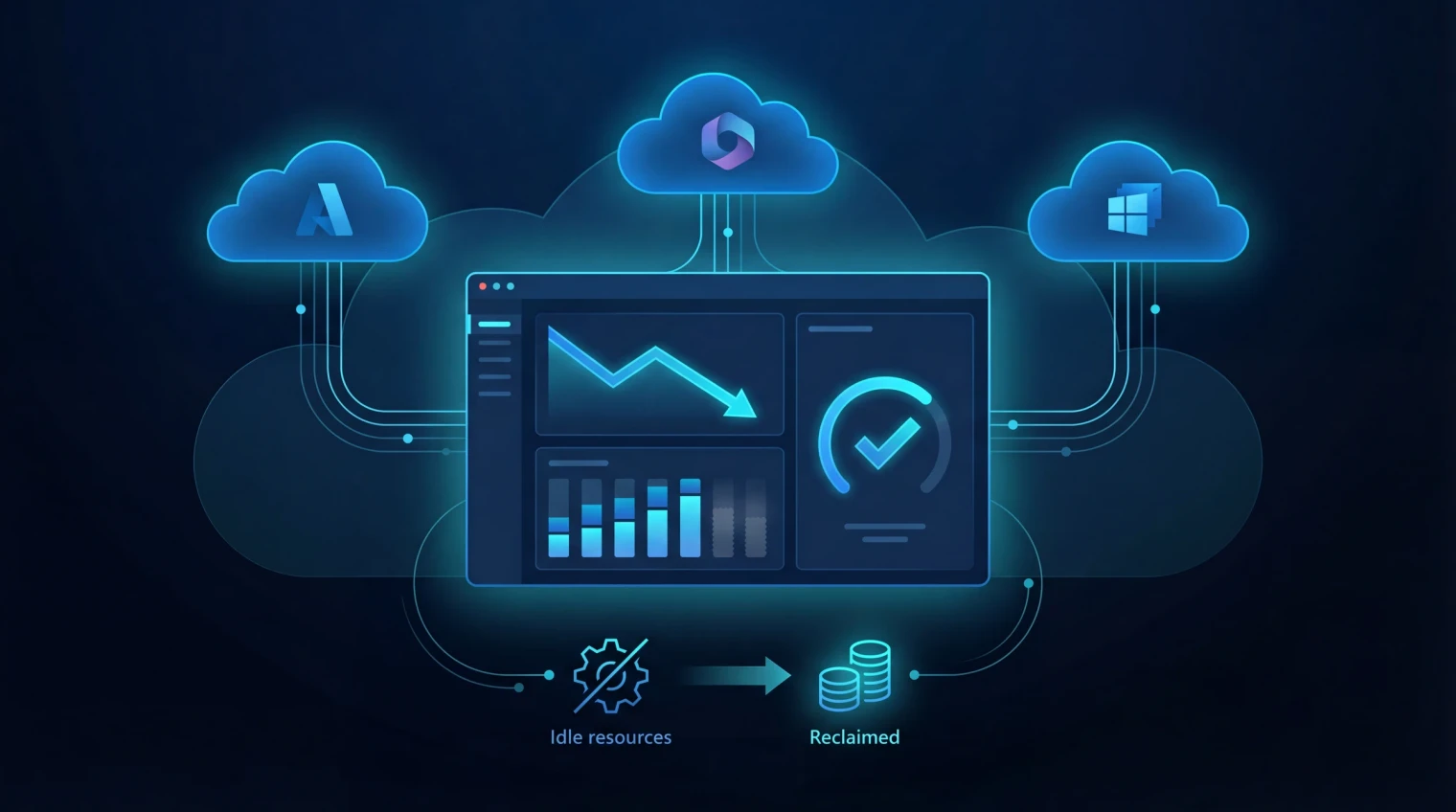 Cloud-Kostenoptimierungsdiagramm: Microsoft 365 Lizenzen, Azure Ausgaben, Cloud-Infrastruktur und Cloud PC Flotteneingaben fließen durch inaktive Lizenzen, ungenutzte Ressourcen, passende Chancen und Cohort Drift-Überprüfungsphasen in ein Sparmaterialpaket mit Eigentümern und nächsten Maßnahmen.