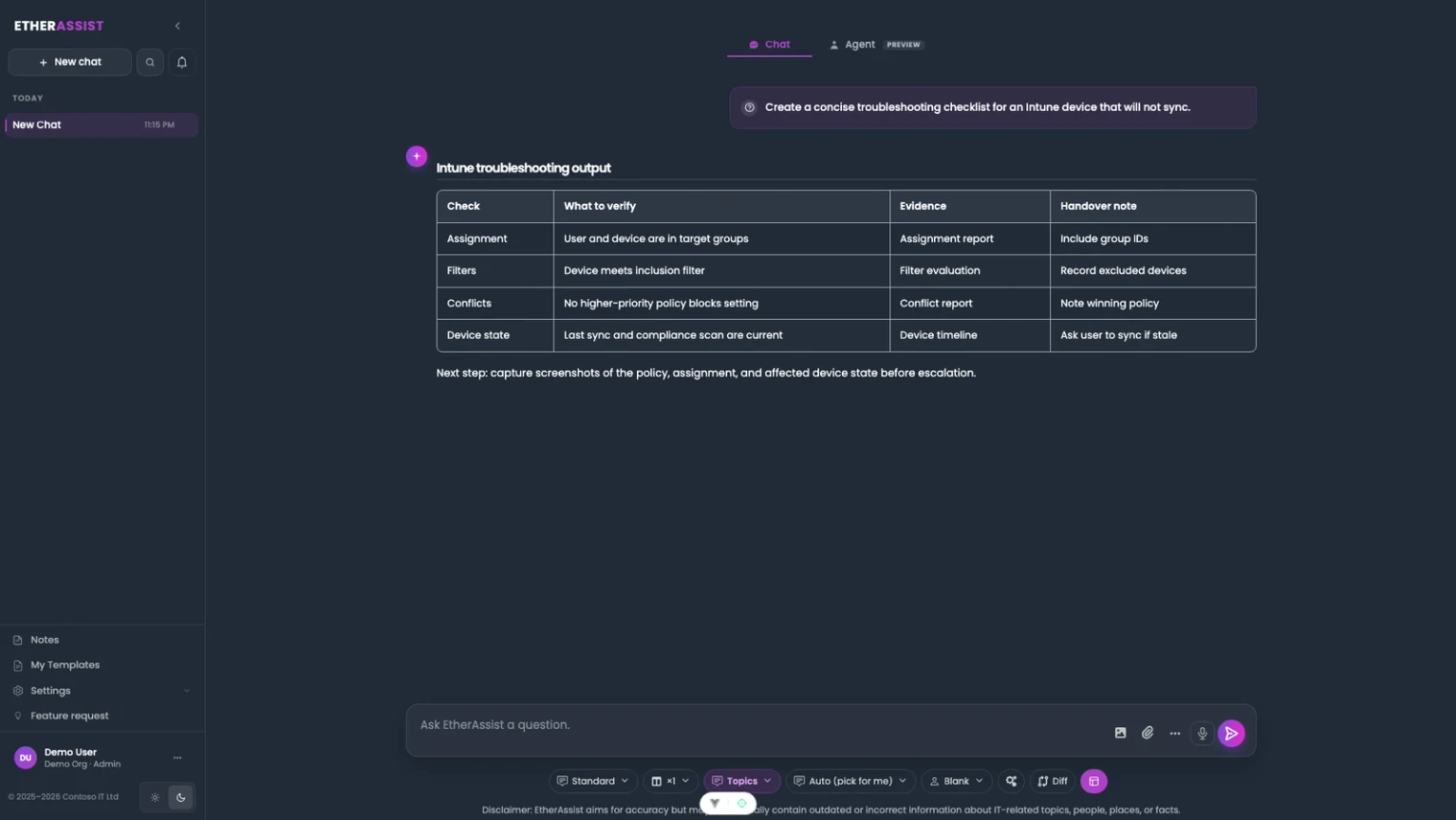 EtherAssist chat interface showing a practical AI assistant for small business work.