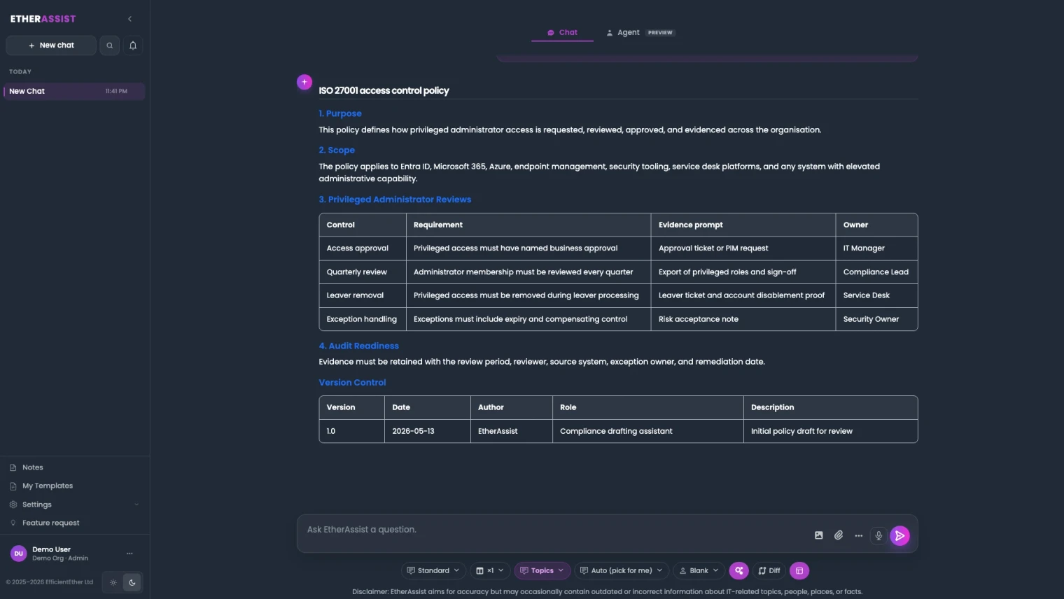 Diagramma del workflow di conformità ISO: un catalogo di controllo (ISO 27001, ISO 9001, ISO 42001) che alimenta le fasi di creazione di politiche, valutazione, record di procedure e pacchetti di prove - ciascuno con un ruolo di proprietario designato - e termina con la firma del revisore con una traccia di audit.