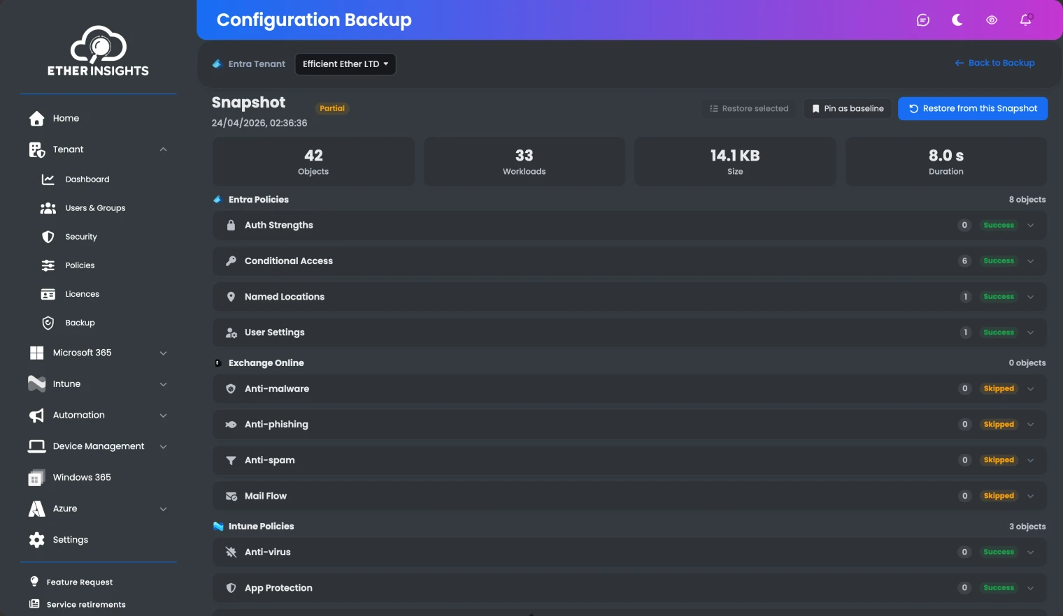 EtherInsights configuration backup: a tenant snapshot with Entra, Exchange and Intune policy objects, restore and pin-as-baseline controls.