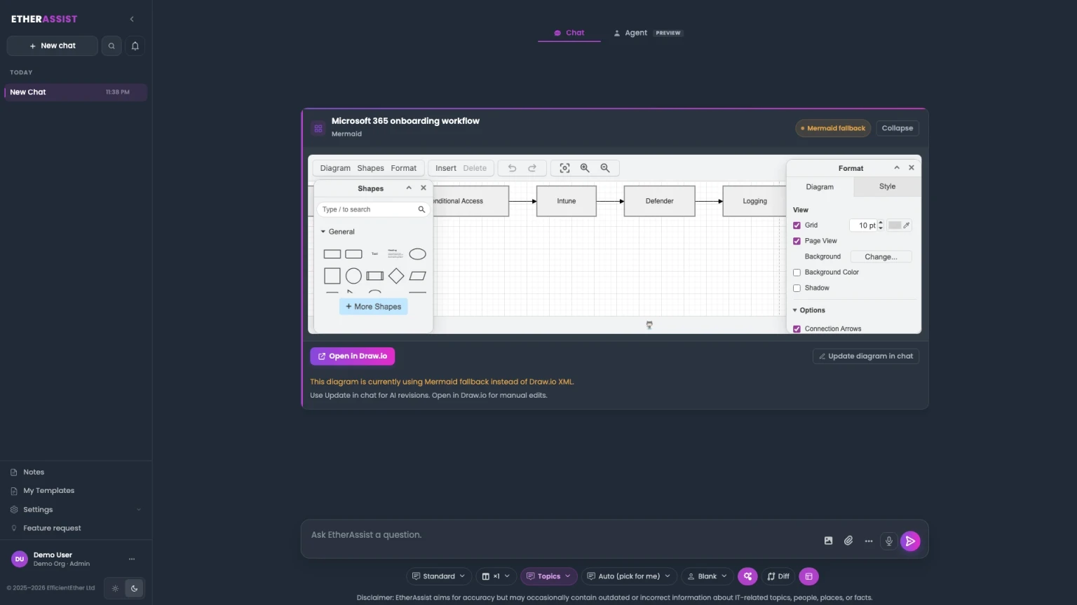 EtherAssist showing an editable Draw.io Microsoft 365 onboarding workflow diagram.