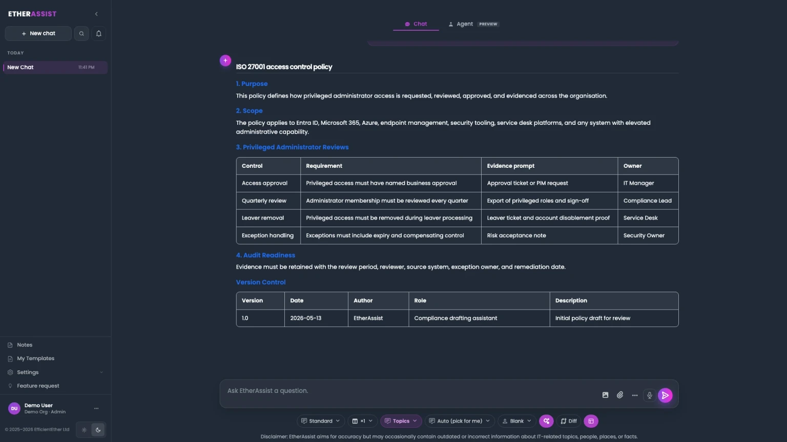 EtherAssist creating an ISO 27001 access control policy with evidence prompts.