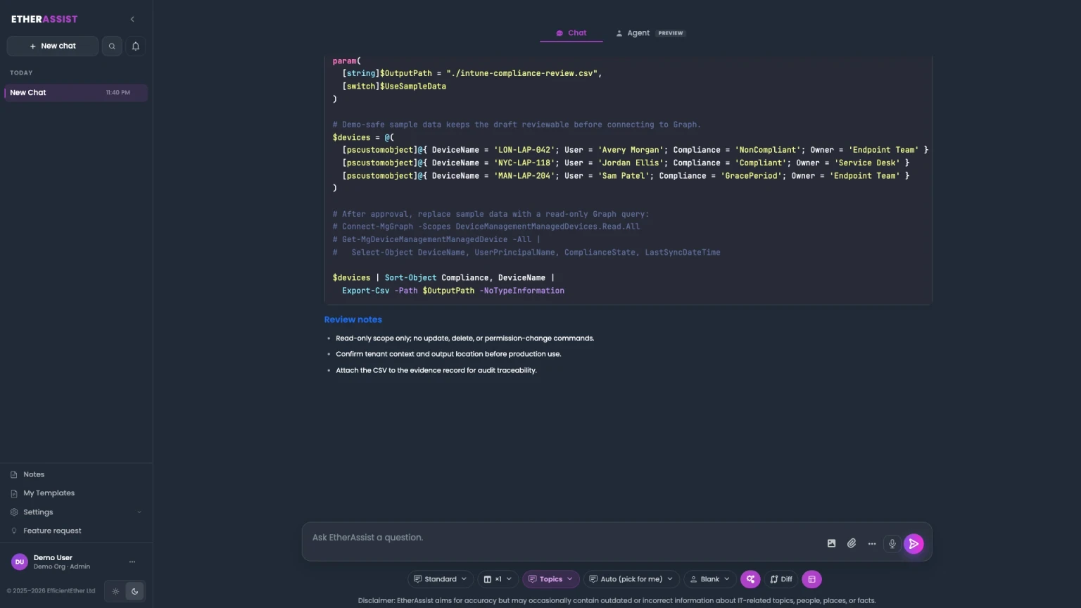 EtherAssist drafting a safe PowerShell 7 Intune compliance export script.