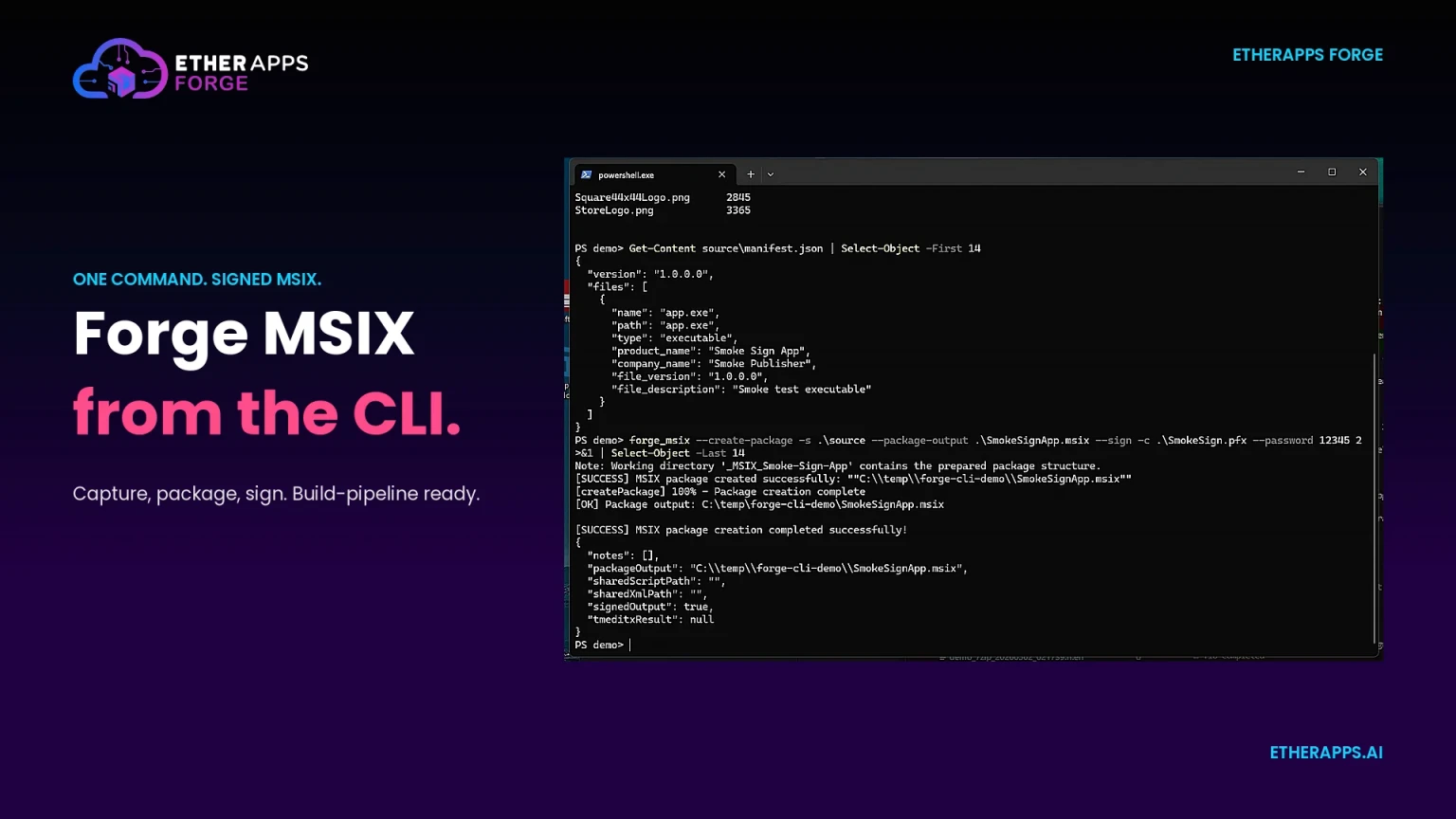 EtherApps Forge MSIX CLI Ein-Befehl-MSIX aus einem erfassten Anwendungsquellordner.