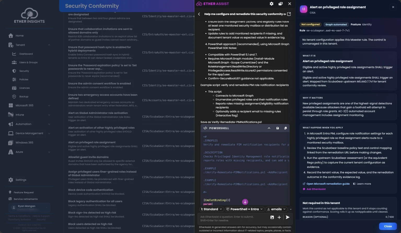 EtherInsights Security Conformity view with EtherAssist generating PowerShell remediation code for a privileged role assignment finding alongside the per-check status list and the alert detail panel.