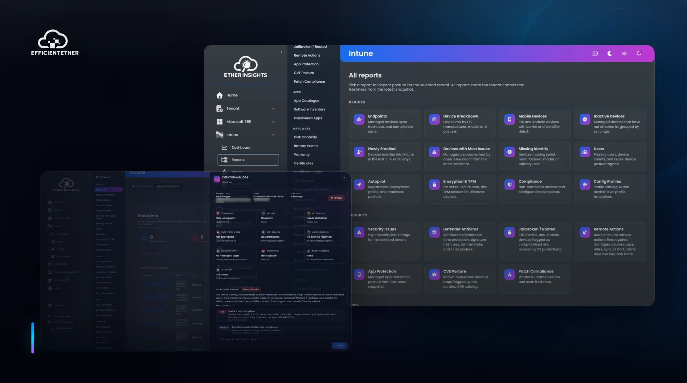 Vue produit EtherInsights pour le reporting Intune montrant le catalogue de rapports consolidé et la surface de preuves des appareils.